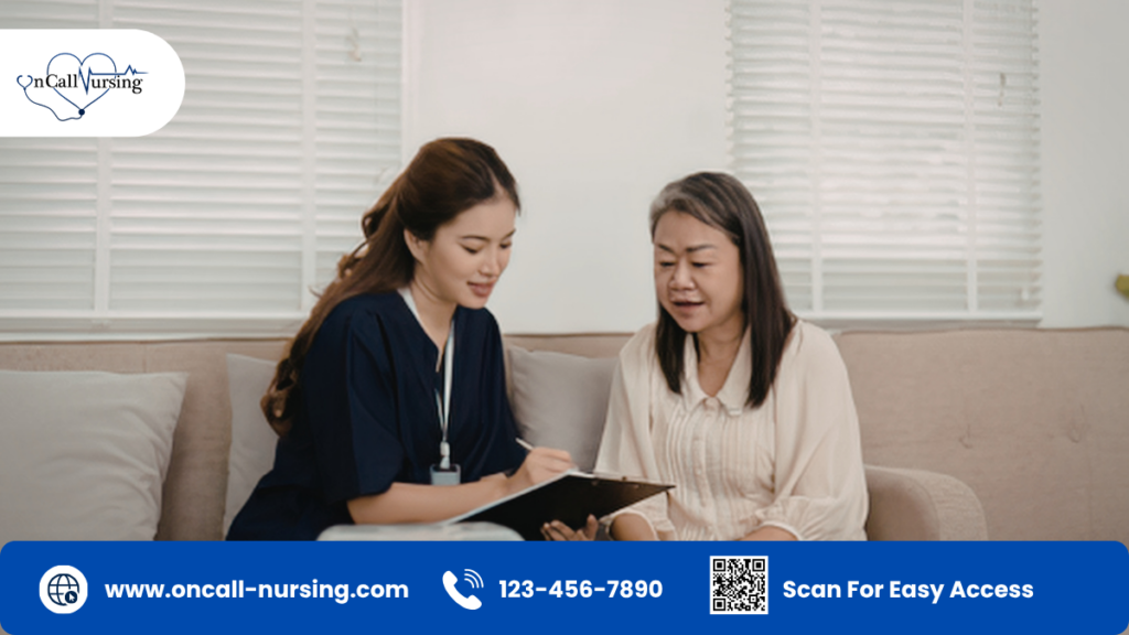Home health nurse reviewing care plan with patient during visiting nurse service in Florida